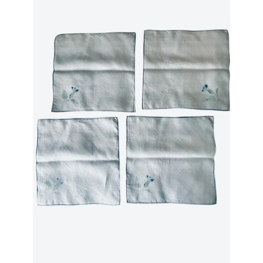 Vintage Morning Glory Linen Napkins Set Of 4 Blue & Green On White 13.75” x 14”